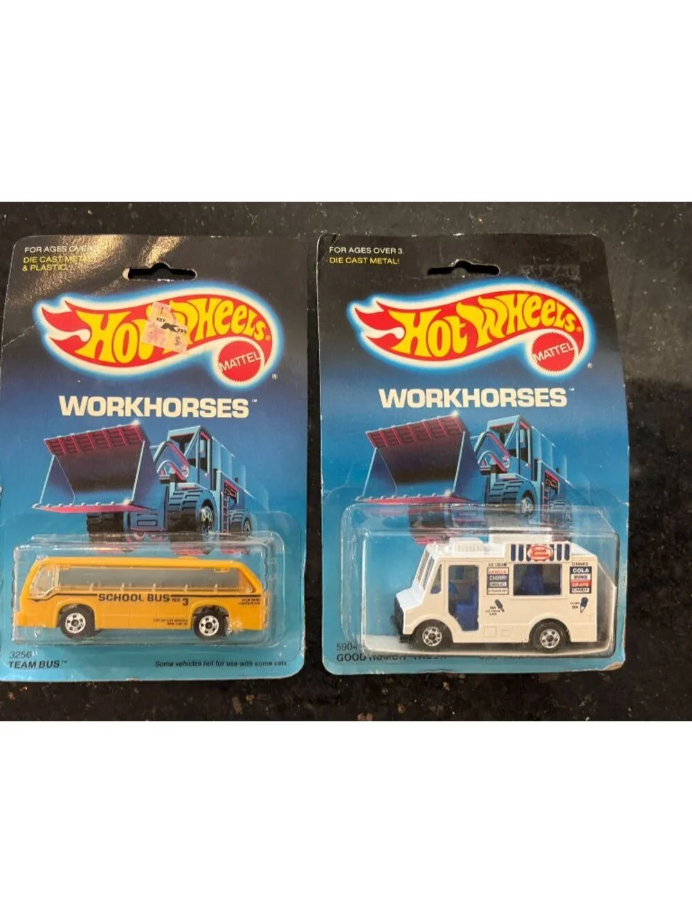 Lot 2 Vintage 1986 Hot Wheels Workhorses Rapid Transit School Bus Ice Cream Truc